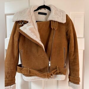 NEW* Zara WOMAN US S Brown Genuine Suede Leather Faux Shearling Aviator Jacket